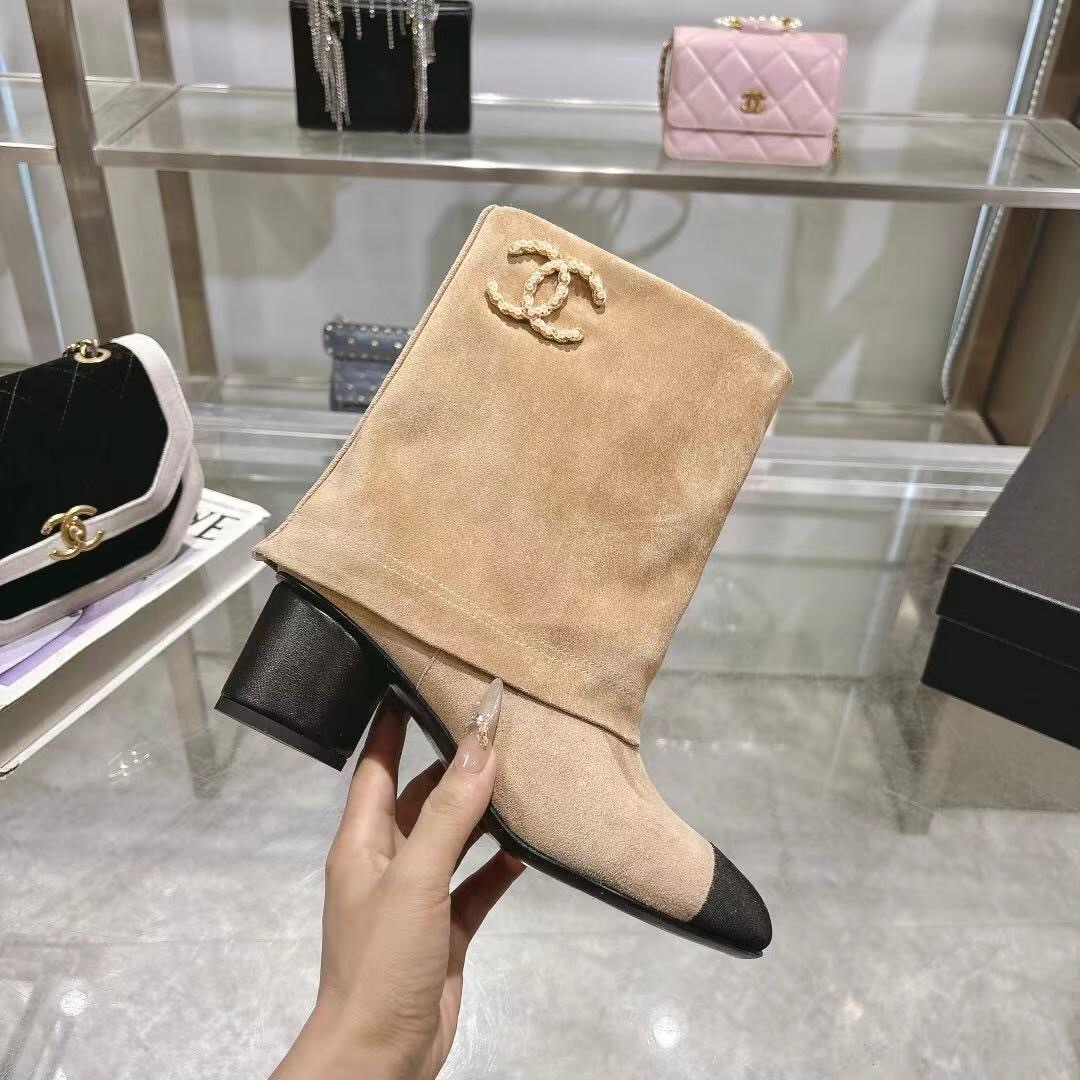 Chanel 2025/SS Coco Runway Turn-Cuff Chunky Heel Straight Tube Boots Classic Color Block - LY00400