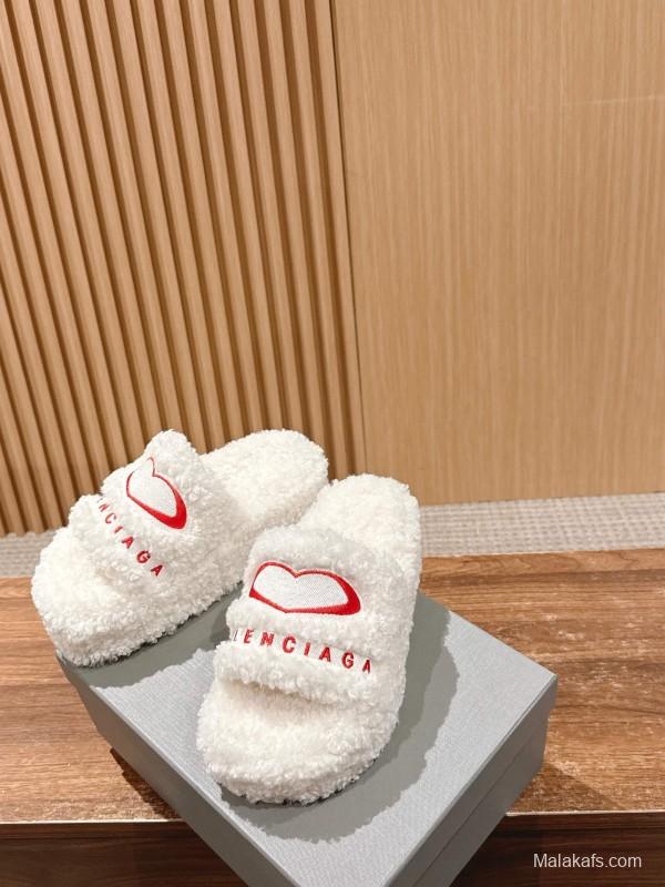Balenciaga 2025 SS Qixi Limited Series Letter Embroidery Platform Shearling Slippers - AS00200