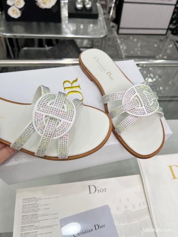 Dior D-Lane Sandals Hollow-out Flat Sandals with Gold Embellishment - LY00220/LY00260