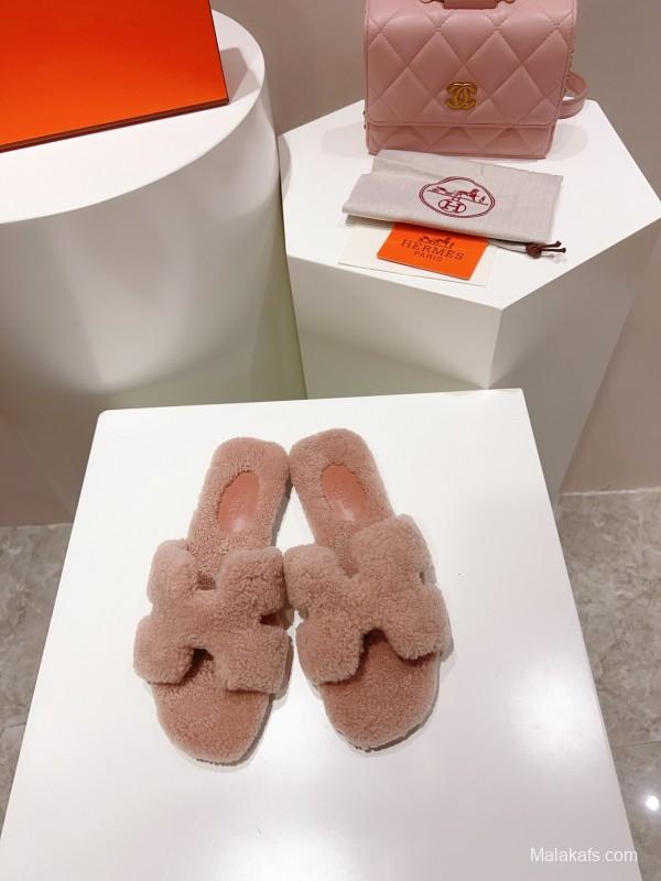 H Teddy Wool H Slippers Flat Sole Winter Edition - LY00240
