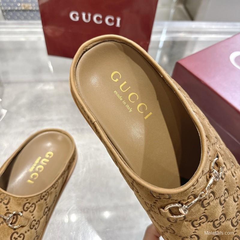 Gucci Camel Suede GG Embossed Horsebit Mule Sandals - LY00240