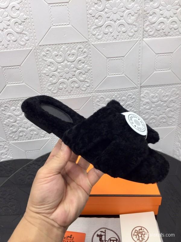 H Teddie Wool H Slippers Flat Sole Fur Slides - LY00240