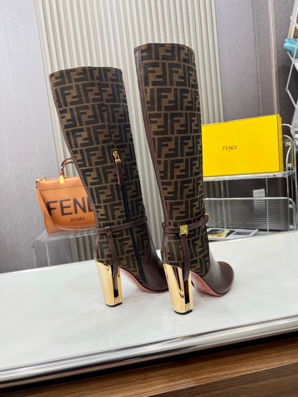 FENDI Delfina Round Toe Boots with FF Buckle and Heel Detailing - LY00