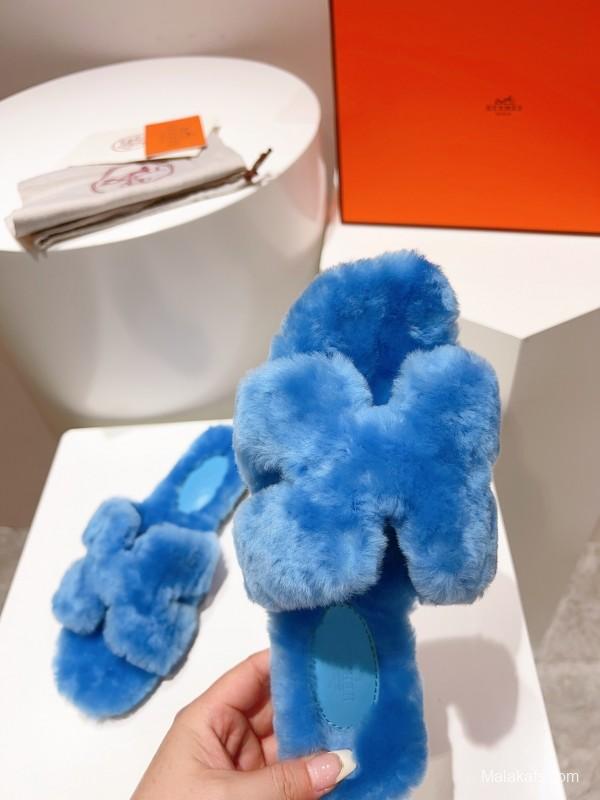 Hermès Teddy Wool H Slippers Flat Sole Fur Slides - LY00240