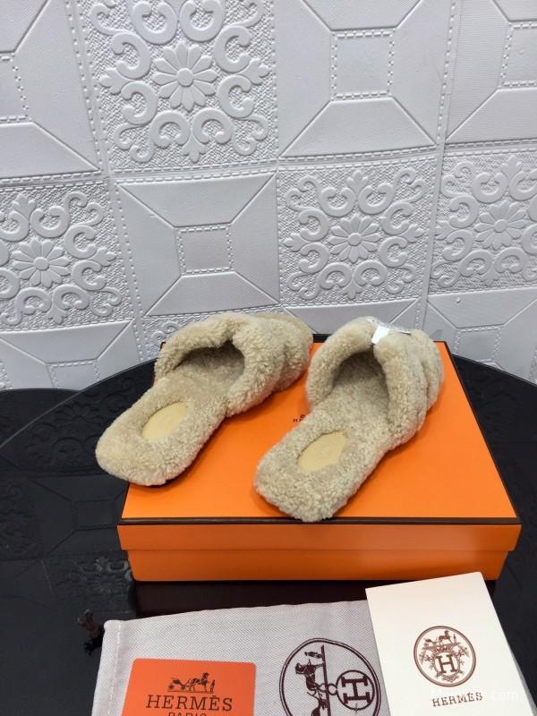 H Teddy Wool H Slippers Flat Sole Winter Home Shoes - LY00240