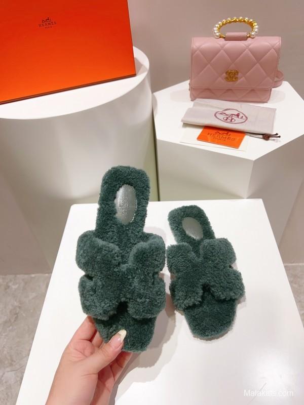 H Teddy Wool H Slippers Flat Sole Winter Edition - LY00240