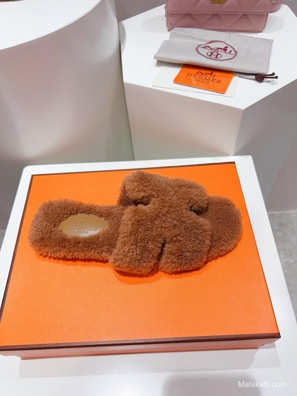 H Teddy Wool H Slippers Flat Sole Fur Slides - LY00240