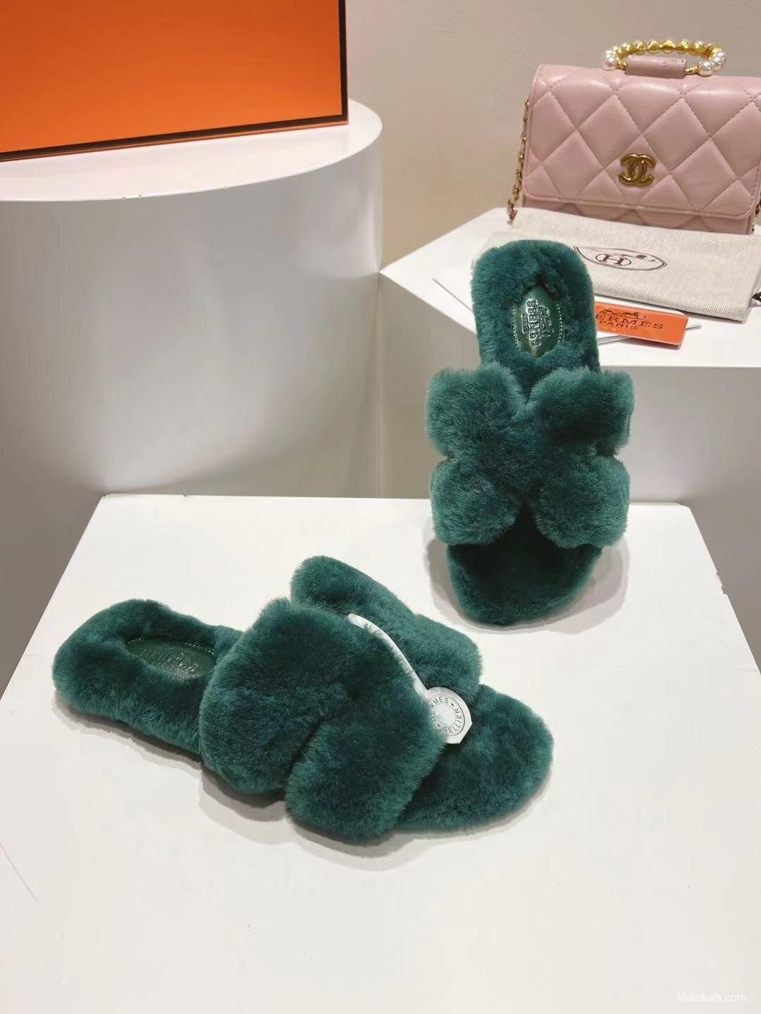 H Home Love Drag Autumn Winter Flat Wool Slippers - 2025SS