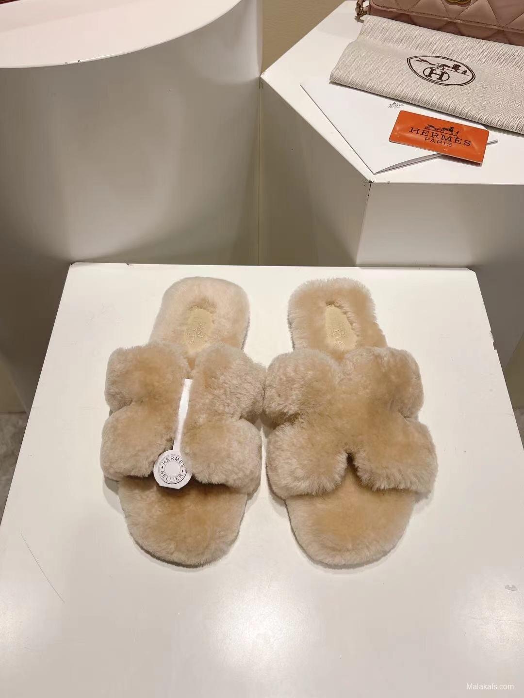 Hermès 2025 SS Autumn Winter Flat Wool Slippers - LY00240