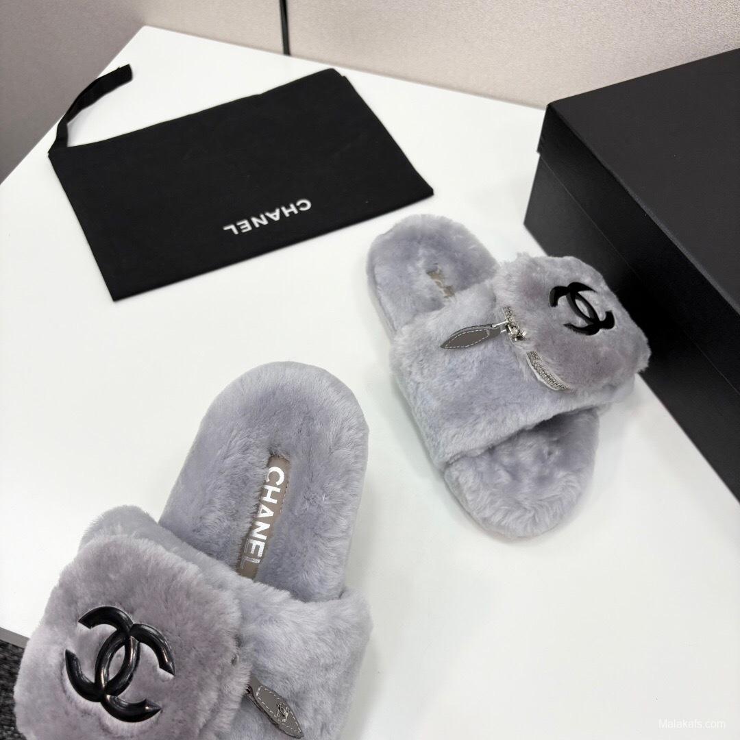 Chanel Fluffy Slippers Latest Color Design with Rubber Sole - LY00270