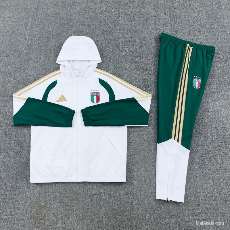 2026 Italy White Hoodie Full Zipper Windbreaker + Long Pants