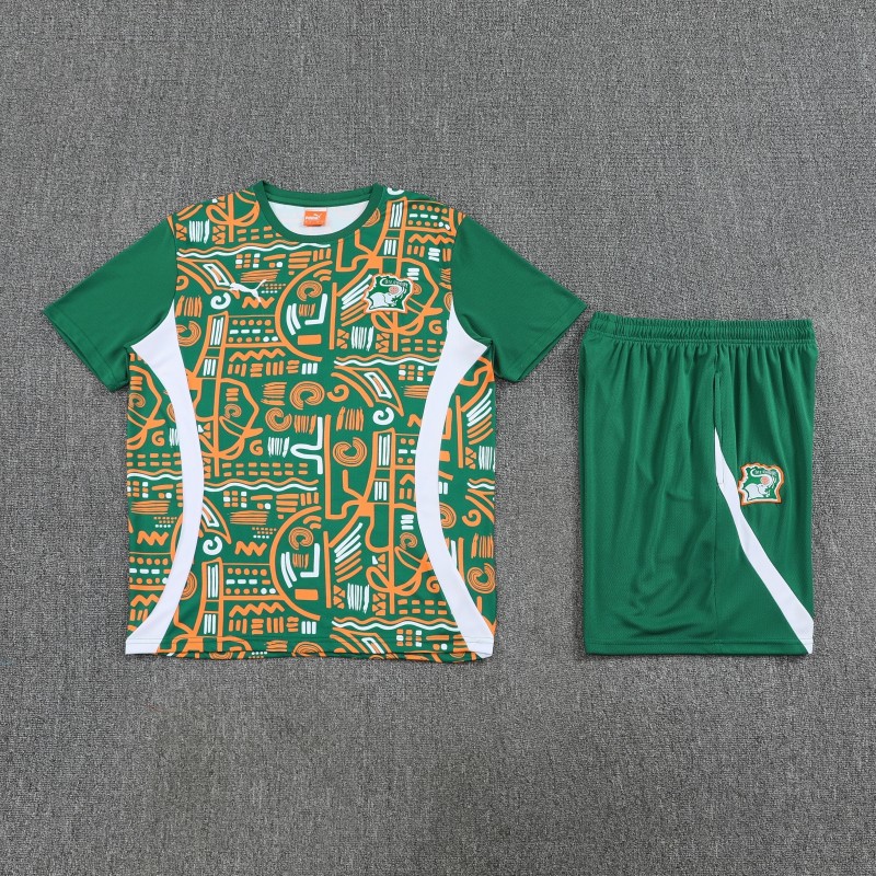 25/26 Côte d'Ivoire Green Tribal Print Short Sleeve Training Suit + Shorts