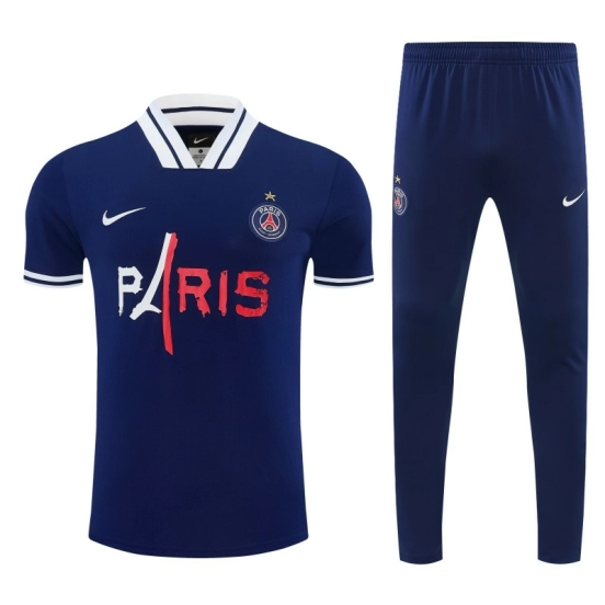 26/27 Paris Saint-Germain Navy Blue with "PARIS" Eiffel Tower Short Sleeve Tracksuit + Long Pants