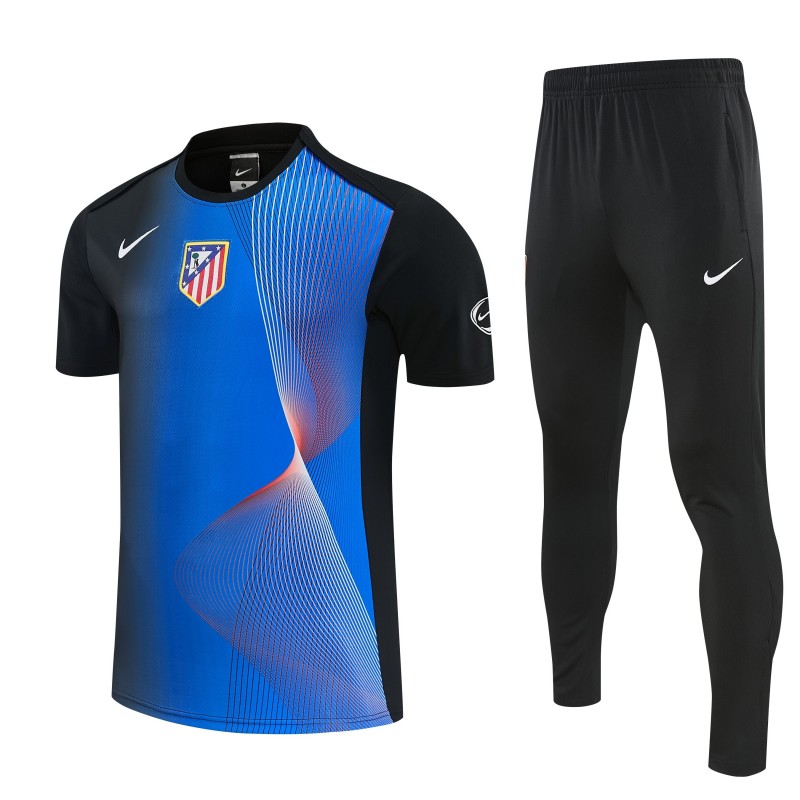 26/27 Atlético de Madrid Black & Blue with Fluid Wave  Print Short Sleeve Tracksuit + Black Long Pants