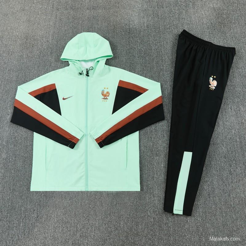 26/27 France Light Green Full Zipper Hooded Jacket Tracksuit + Long Pants