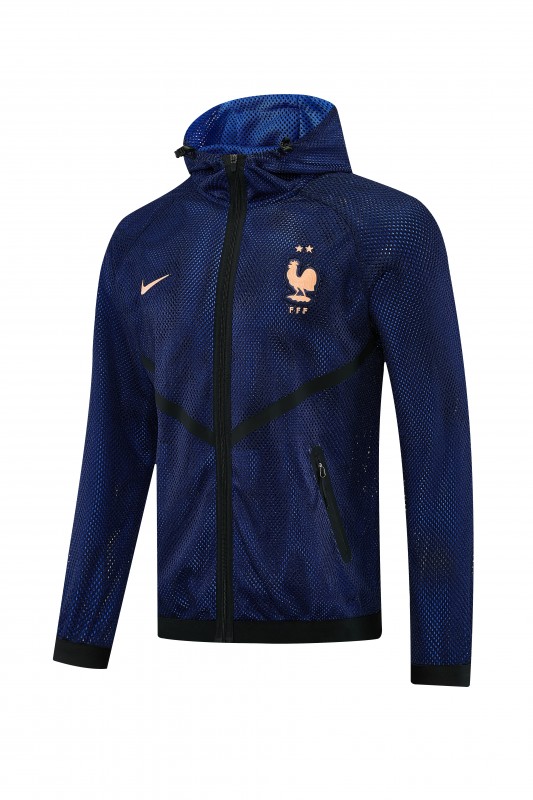 26/27 France Navy Blue Mesh Anthem Full Zipper Hooded Windbreaker Jacket