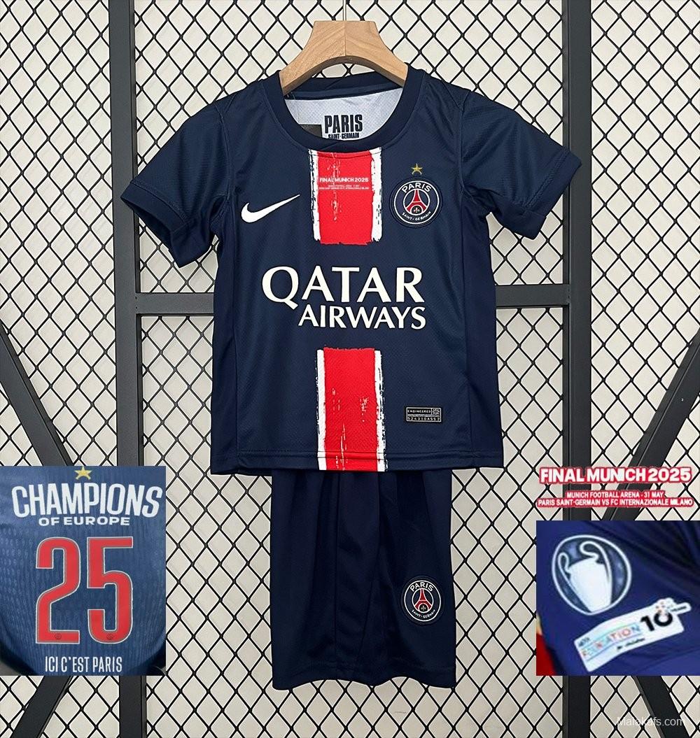 1 Star 24/25 Kids PSG Home Jersey With Final Match Champion Jersey