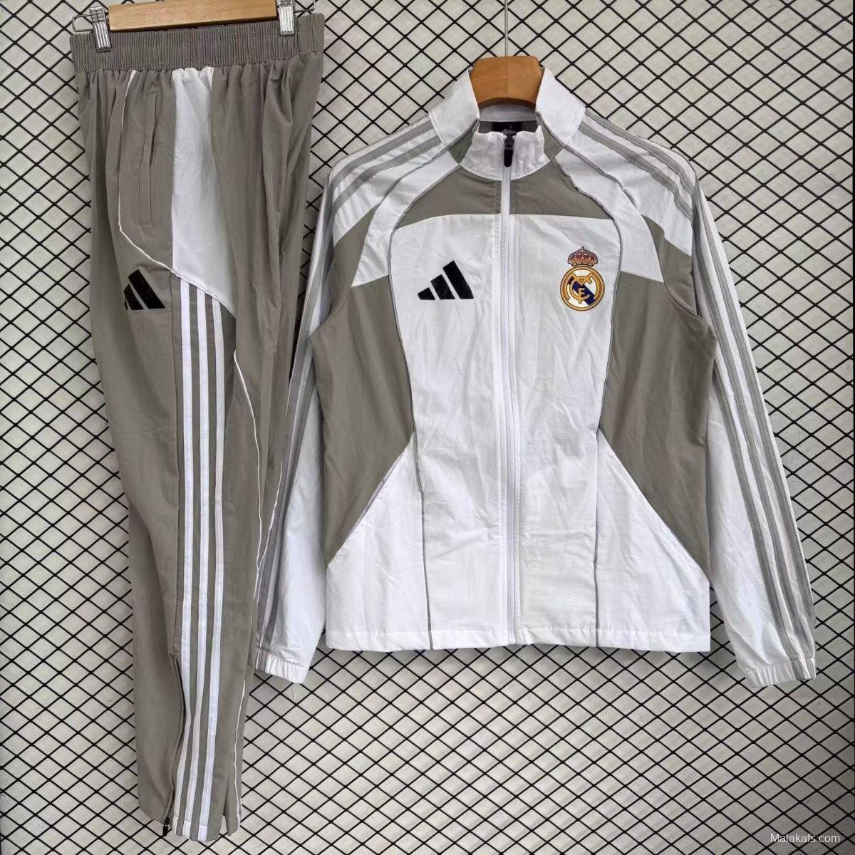 25/26 Real Madrid White with Grey Full zipper Jacket Tracksuit+ long pants