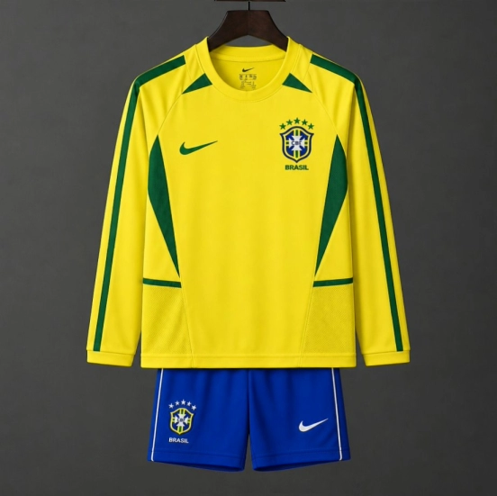 Retro Kids 2002 Brazil Home Long Sleeve Jersey