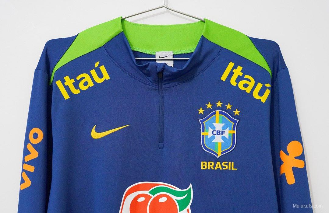 2024 Brazil Navy Blue with Lime Green Long Sleeve Half-Zip Training Top