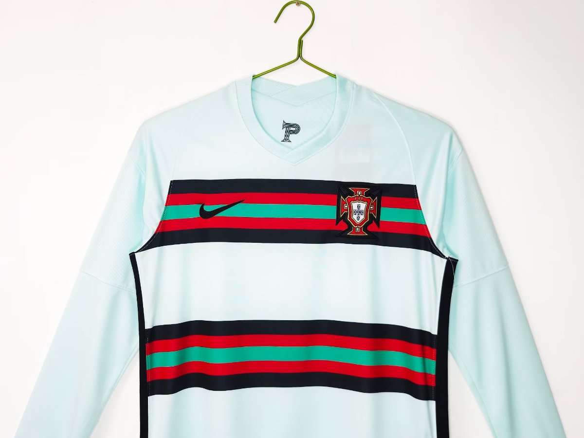 Retro 2020 Portugal Mint Green with Red Stripes Away Long Sleeve Jersey